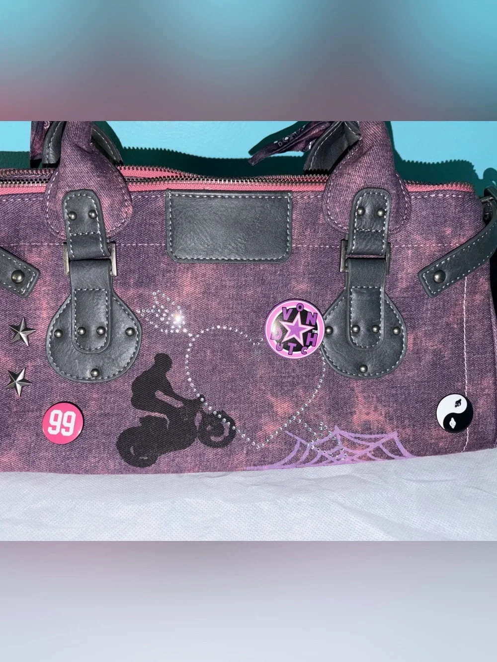 Von Dutch Bree Purple Pink Handbag with Lock, Twilly, and Pins NWT